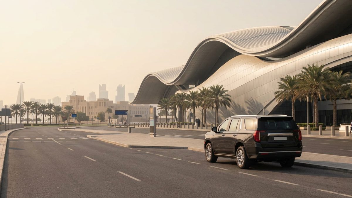 Black GMC Yukon at the departures kerb near Hamad International Airport, Doha