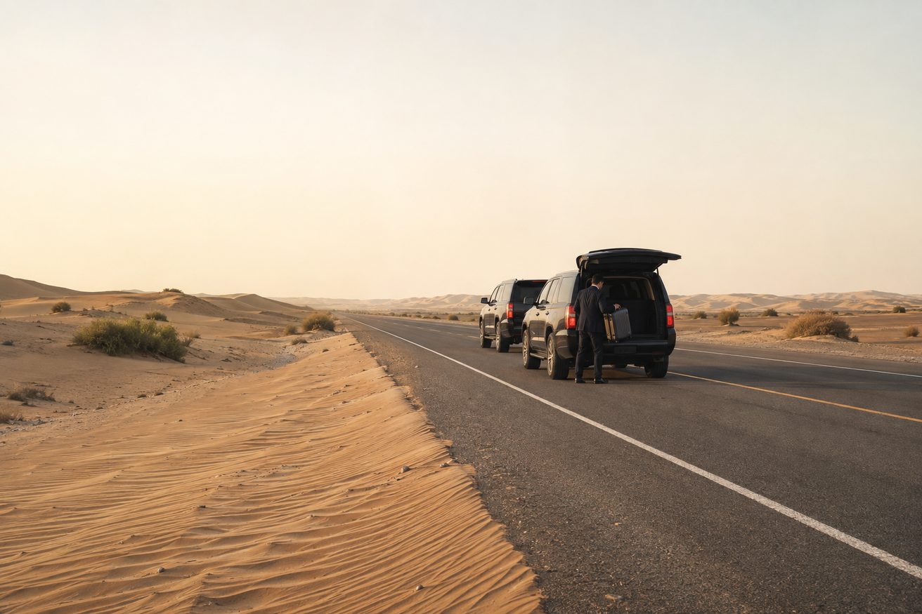 A driver lifting a suitcase into the boot of the second vehicle, both parked on the shoulder of a desert road with dunes drifting across it