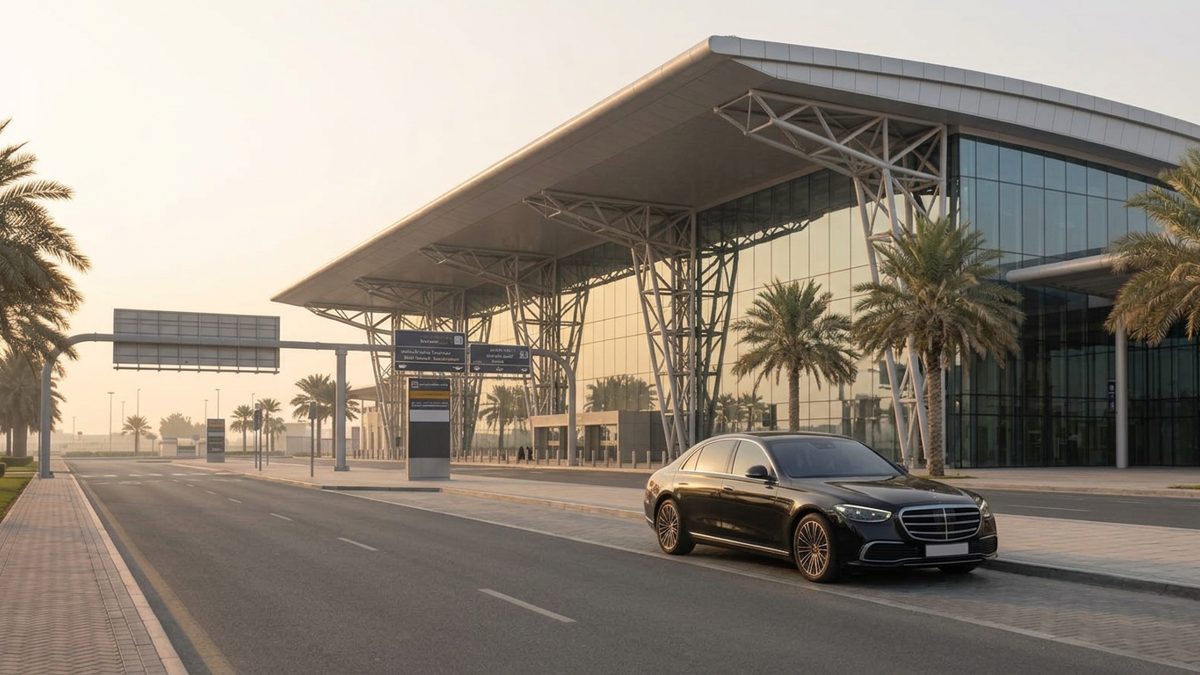 Black Mercedes-Benz S-Class at the terminal kerb near Bahrain International Airport
