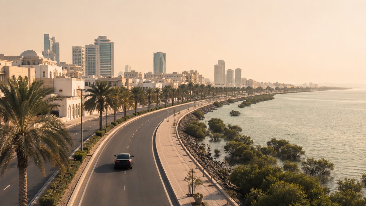 A palm-lined coastal road curving along the Abu Dhabi waterfront past the mangroves in the early evening