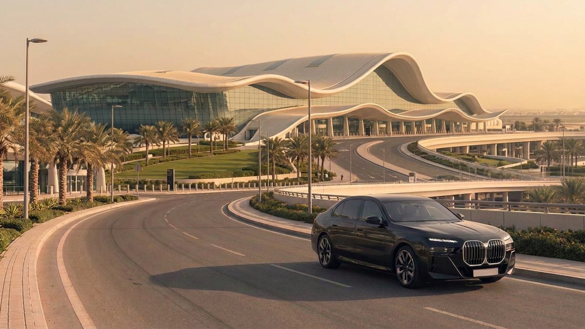 Black BMW 7 Series on the approach near Terminal A, Zayed International Airport, Abu Dhabi
