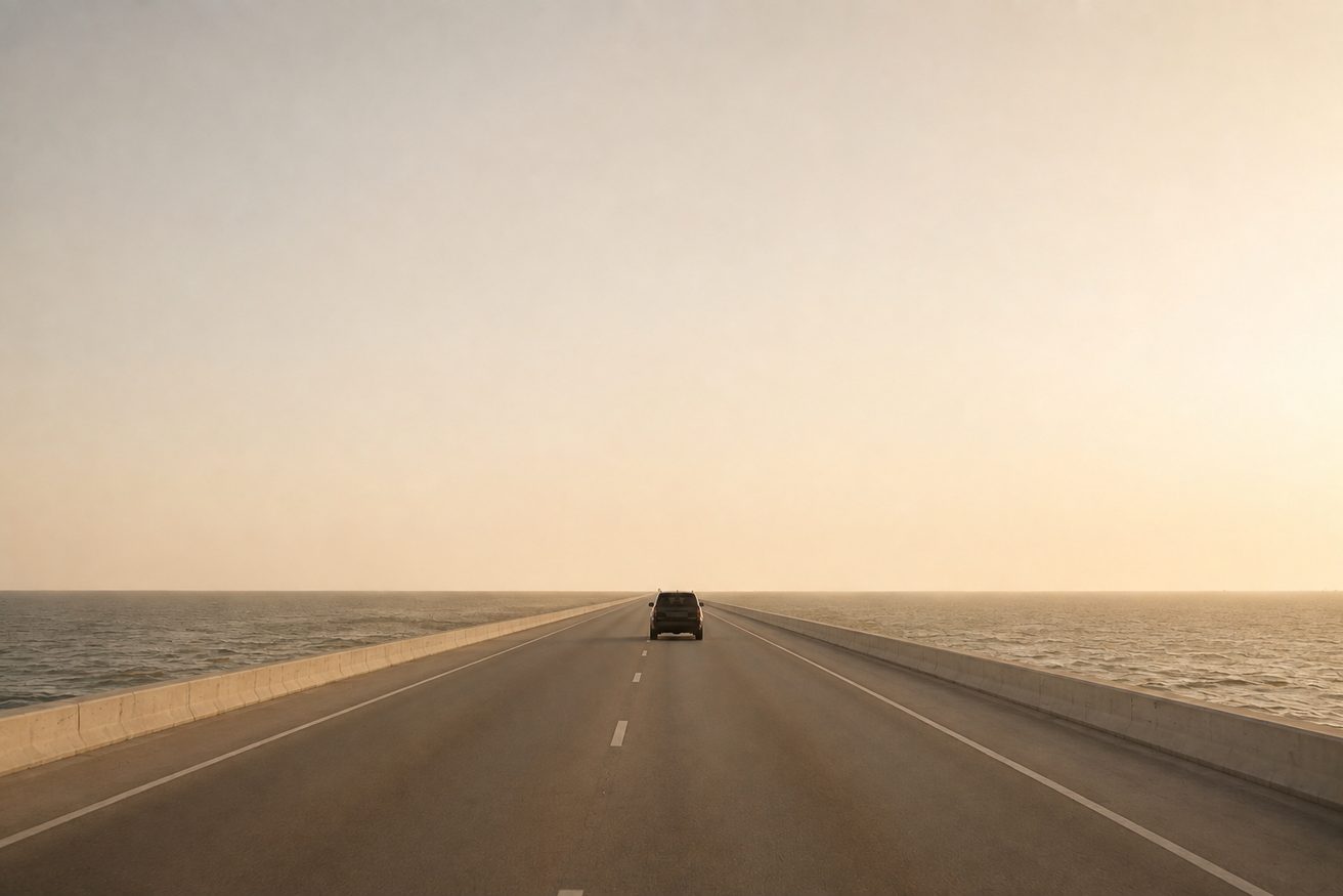 A multi-lane causeway carrying the road straight out across shallow sea
