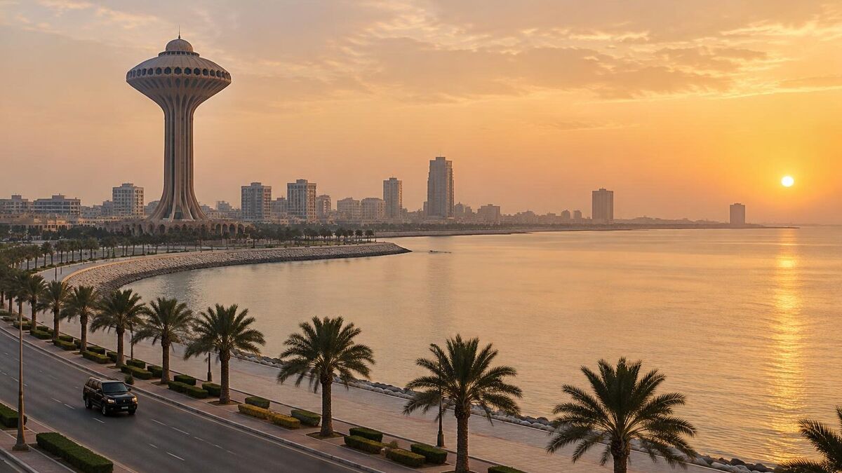 The Al Khobar Corniche at golden hour, with the Khobar Water Tower, the city skyline and a black SUV on the waterfront road