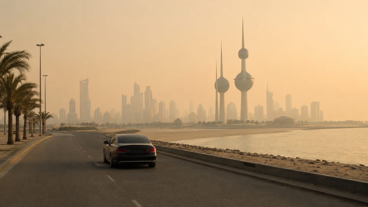 The Gulf Road along the Kuwait City shoreline at golden hour, the skyline soft in haze
