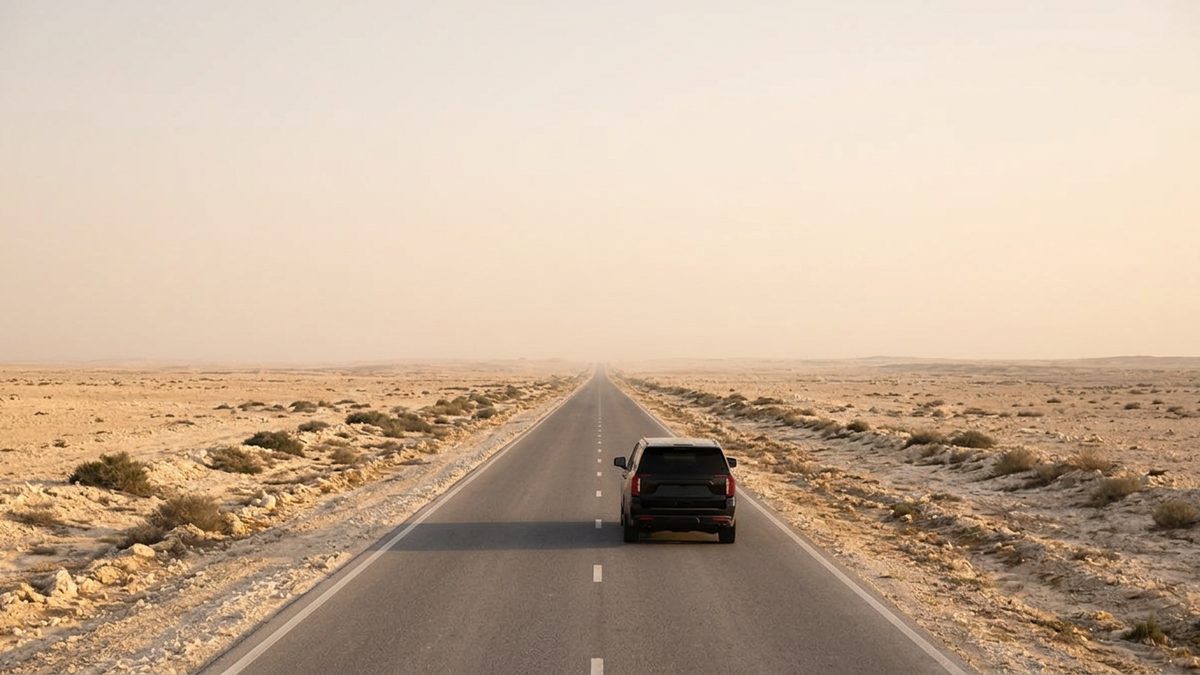A single dark premium SUV on a long open Gulf desert highway at golden hour