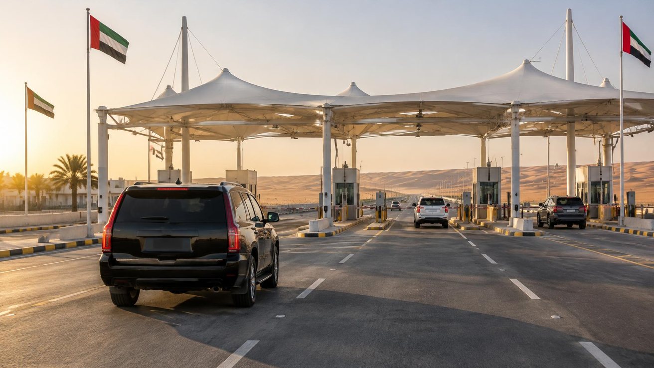 A black GMC Yukon pulling up to the UAE border post at Al Ghuwaifat, under a white canopy over several inspection lanes, with dunes behind