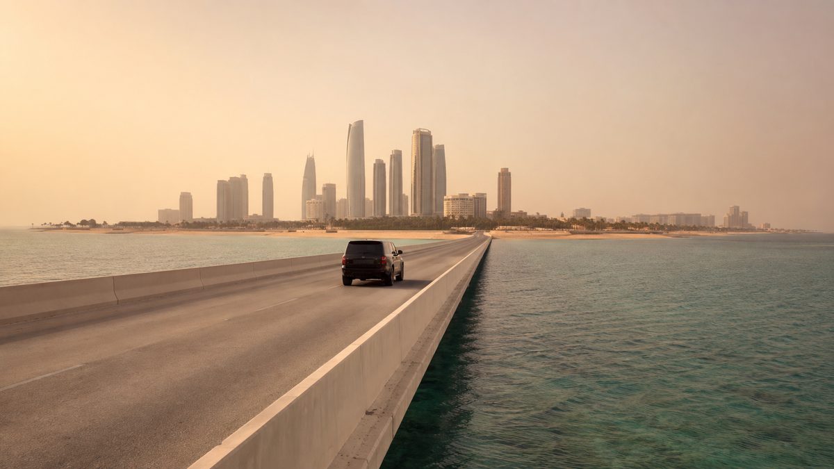 A low causeway crossing turquoise shallow water toward the Manama skyline