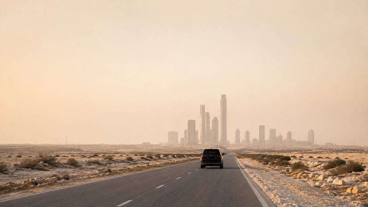 A straight desert highway crossing the plateau toward the Riyadh skyline in heat haze