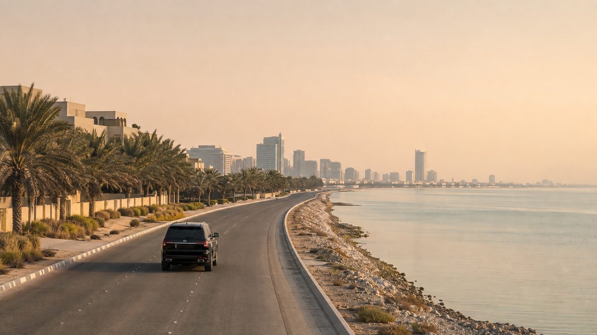 A coastal road on the Arabian Gulf shore approaching Dammam in the early evening