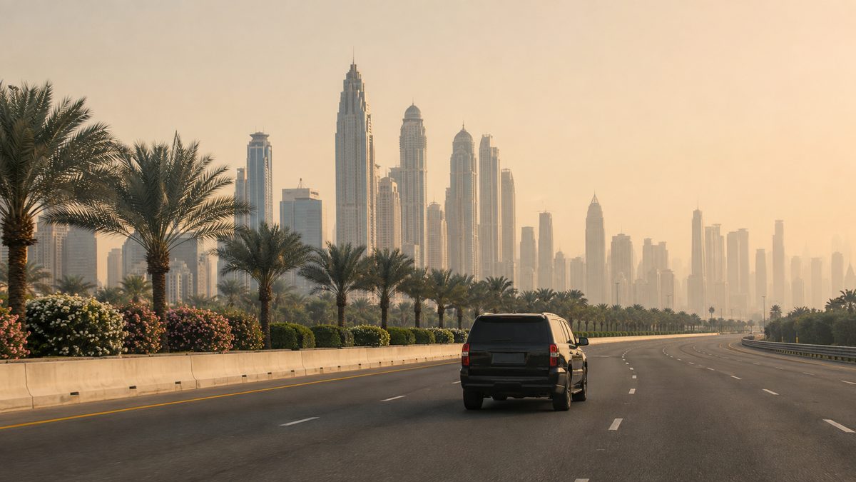 A multi-lane highway leading toward the Dubai skyline at sunset, with a black SUV in the near lane