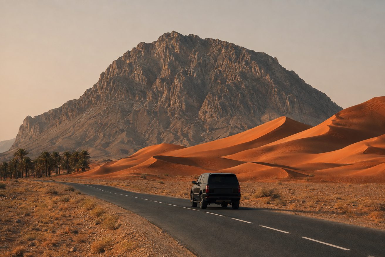 A road running past red dunes with a bare limestone mountain rising behind them