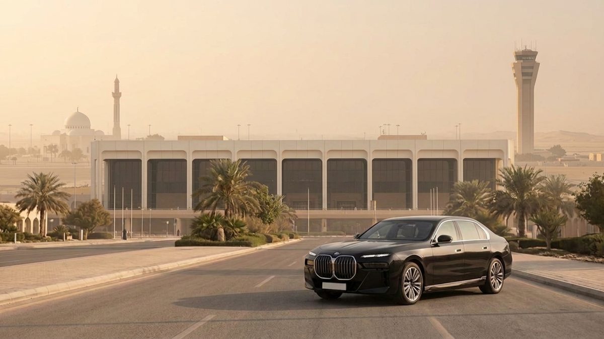 Black BMW 7 Series on the approach near King Fahd International Airport, Dammam
