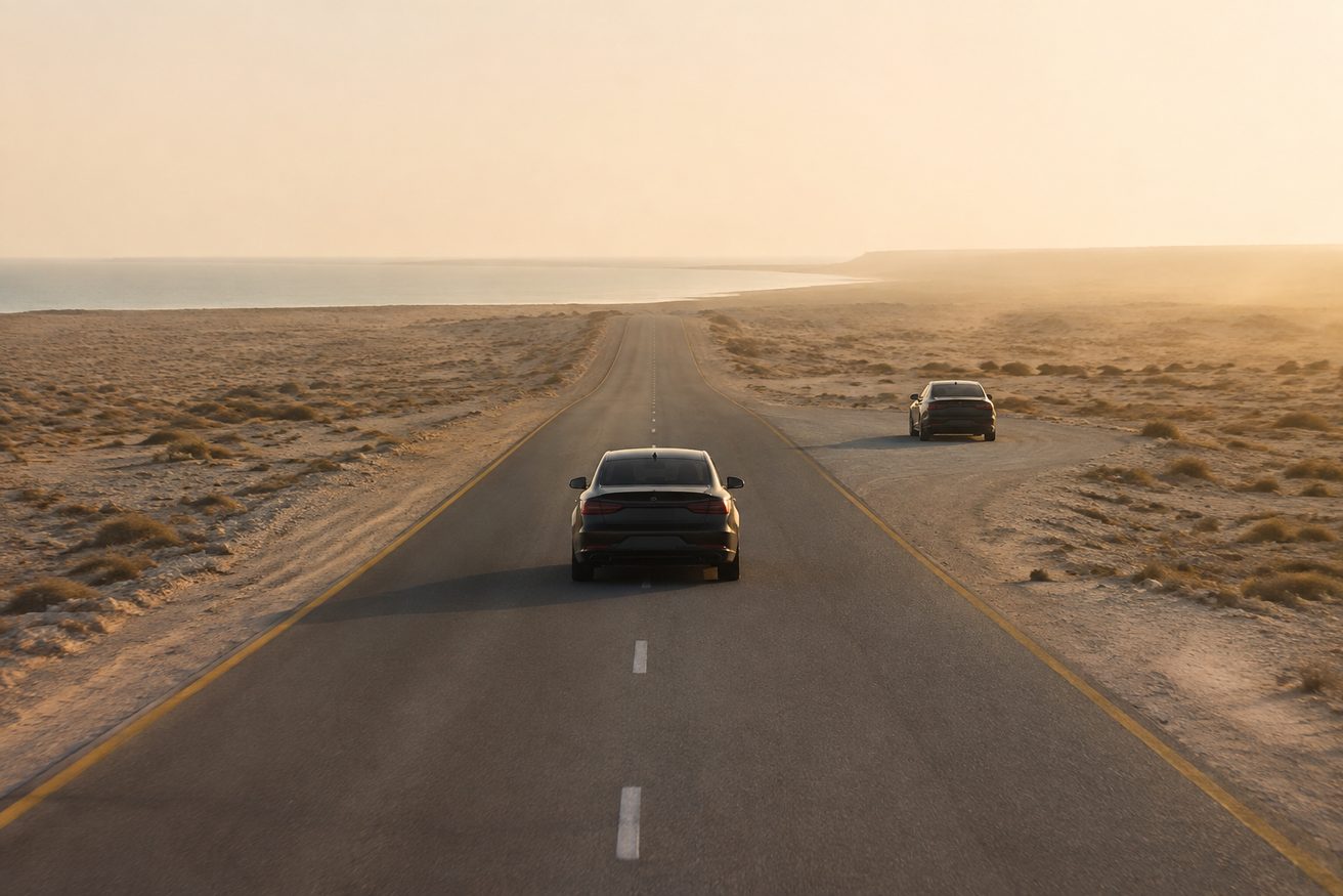 An empty highway across flat coastal desert, a second vehicle waiting ahead on the shoulder