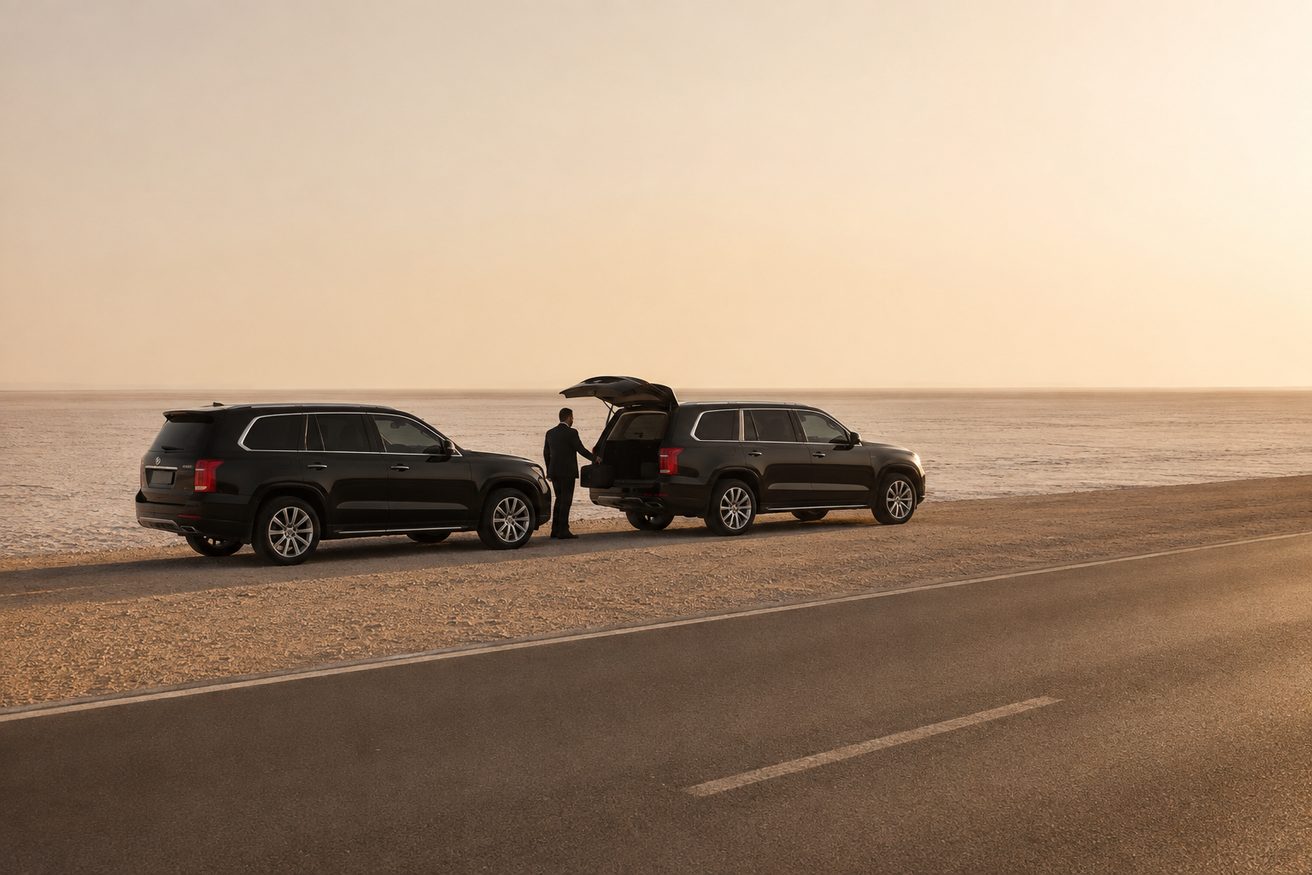 Two vehicles stopped on the shoulder of a straight desert highway across the salt flats, a driver moving luggage between them