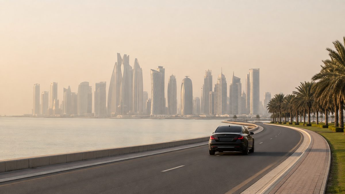 The Doha corniche curving around the bay toward the West Bay towers at golden hour