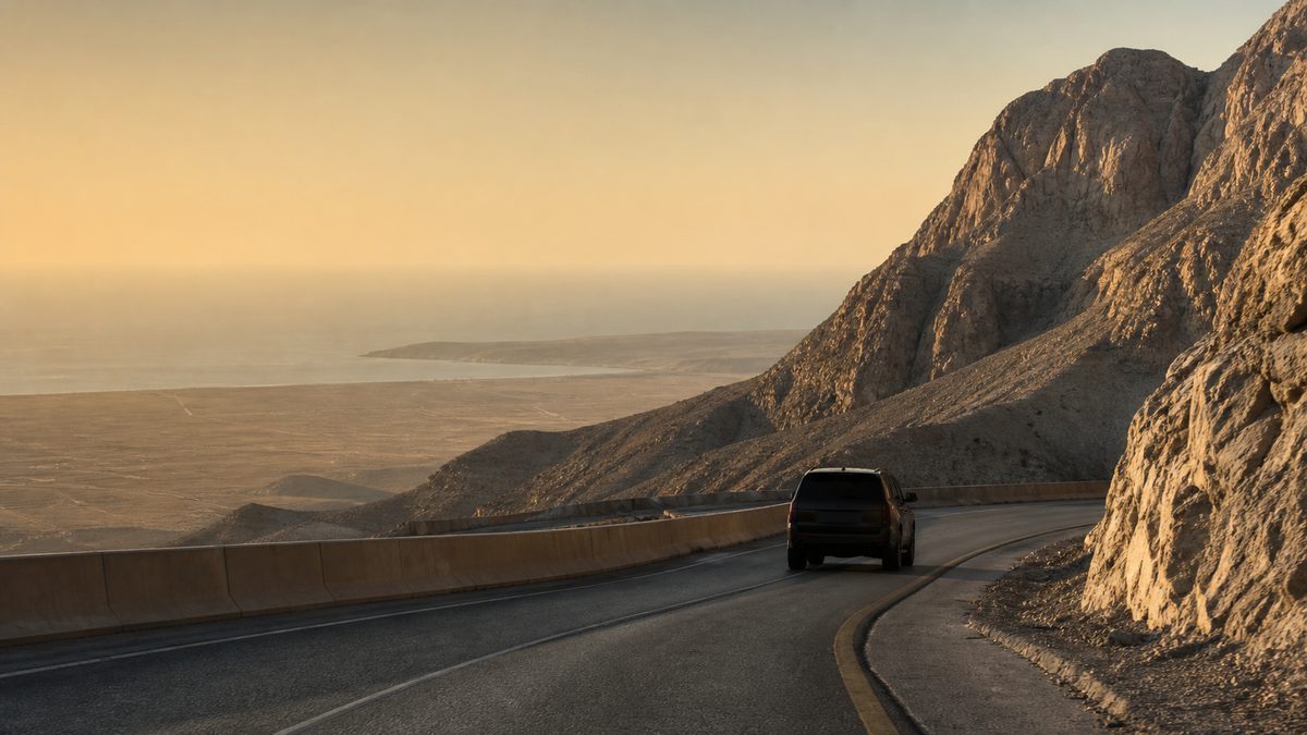 A mountain road climbing in long curves above the desert plain near Ras Al Khaimah at golden hour